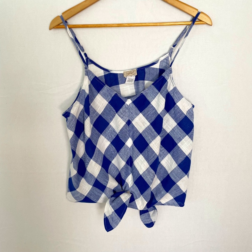 EYELASH COUTURE Women’s XL Blue & White Buffalo Plaid Front Tie Cami Top
